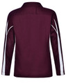 A maroon long sleeve polo shirt with white side panels and a logo. Features a classic collar design.