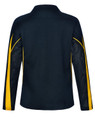 A long sleeve polo shirt in navy with yellow accents and a logo on the back.