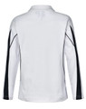 A long sleeve polo shirt in white with black accents and a logo. Back view showing mesh detail.