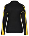 A black long sleeve polo shirt with yellow accents and a logo on the back.