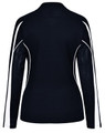 A black long sleeve polo shirt featuring white side panels and a logo on the back.