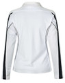 A long sleeve polo shirt in white with black detailing and a mesh back, featuring a logo.