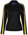 A black long sleeve polo shirt featuring yellow accent stripes and a logo on the chest.