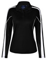 A black long sleeve polo shirt with white detailing and mesh sleeves, featuring a collar and a logo.