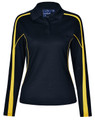A black long sleeve polo shirt with yellow accents and a logo on the chest.
