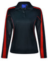 A black long sleeve polo shirt with red accents and mesh side panels, featuring a collar and buttons.
