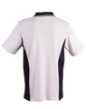 A men's polo shirt in white and black, featuring short sleeves and a collar, with a logo on the back.