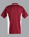 Men's TrueDry Contrast polo shirt in maroon with white side panels and a collar, featuring a logo.