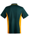 A green and yellow kids' polo shirt with a contrasting design and a logo on the chest.