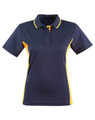 A navy and yellow ladies' polo shirt featuring short sleeves and a collar, with a logo on the front.
