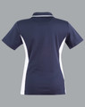 A navy blue polo shirt with white contrast panels, featuring a collar and short sleeves, and includes a logo.