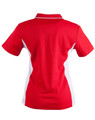 A red and white ladies' polo shirt with a contrast design, featuring a logo on the front.