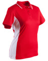 A red and white ladies' polo shirt with a short sleeve and a collar, featuring a logo.