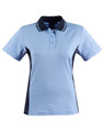 A light blue short-sleeve polo shirt with navy side panels and a collar, featuring three buttons and a logo.