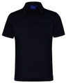 A black textured polo shirt featuring a collar and button placket, with a logo present.