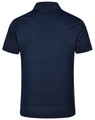 A navy blue men's polo shirt with a textured pattern and a collar, featuring a logo.