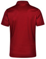 A red textured polo shirt with a classic collar and short sleeves, featuring a logo on the back.