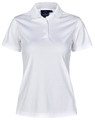 A white textured polo shirt for women, featuring a collared neckline and a logo on the label.
