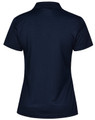 A navy textured polo shirt with a classic collar and short sleeves. It features a logo on the front.