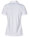 A white women's polo shirt with a textured fabric and a collar, featuring a branding logo.