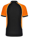 A men's tri-colour polo shirt featuring black and orange panels with contrasting piping and a logo.