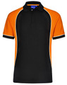 A black and orange kids' polo shirt with a collar, featuring contrasting white piping and a logo.