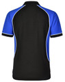 A black and blue kids' polo shirt featuring a contrasting design and a logo.