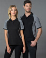 A black polo shirt with grey sleeves and white piping, featuring a logo on the chest.