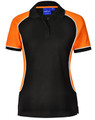 A black and orange ladies' polo shirt featuring short sleeves and a contrasting trim, with a logo on the collar.