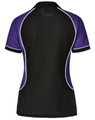 A tri-colour polo shirt in black, purple, and white with a logo on the back.
