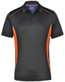 Men's short-sleeve polo shirt in black with orange contrast detailing and a logo on the chest.