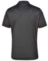 A men's short sleeve polo shirt in charcoal grey with orange contrast detailing. Features a logo on the back.