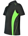 A black polo shirt with bright green contrast panels and a logo, featuring short sleeves and a collared neck.