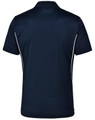 A navy blue polo shirt with contrast white piping and a logo on the back. Made from Cooldry material.