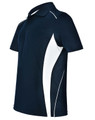 A navy polo shirt with white contrast panels and a logo. Features short sleeves and a classic collar.