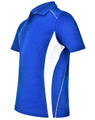 A blue polo shirt with white contrast panels, featuring a collar and three buttons. It includes a logo on the chest.