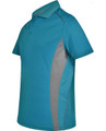 A teal and grey men's polo shirt featuring a logo, with contrast mesh detailing on the sides.