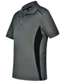 A grey kids' polo shirt with black contrast panels and a logo, featuring short sleeves and a classic collar.