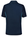 A navy blue kids' polo shirt featuring contrasting light blue accents and a logo.