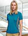 A teal women's polo shirt with grey contrast panels and a three-button placket, featuring a logo.