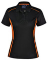 A black polo shirt with orange contrast detailing, featuring a collar and short sleeves. It has a logo on the chest.