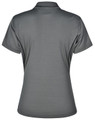 A grey polo shirt featuring short sleeves and a contrasting design at the sides, with a logo present.