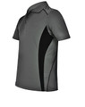 A grey polo shirt with black contrast panels, featuring a classic collar and short sleeves, with a logo on one side.