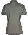 A grey ladies' polo shirt featuring contrast detailing on the sides and a collar. Designed with a logo.