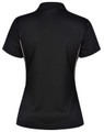 A black ladies' polo shirt featuring contrast detailing and a logo on the back.