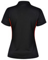 A black polo shirt with contrasting red side panels and a collar. It includes a logo on the garment.