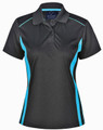 A black women's polo shirt with turquoise contrast panels and a collar. It has a logo on the inside tag.