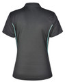 A black polo shirt with short sleeves featuring a contrast turquoise trim and a logo on the back.