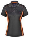 A black and orange polo shirt featuring a contrasting interlock design and a logo.