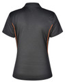 A black polo shirt with contrasting orange trim and a logo on the back.